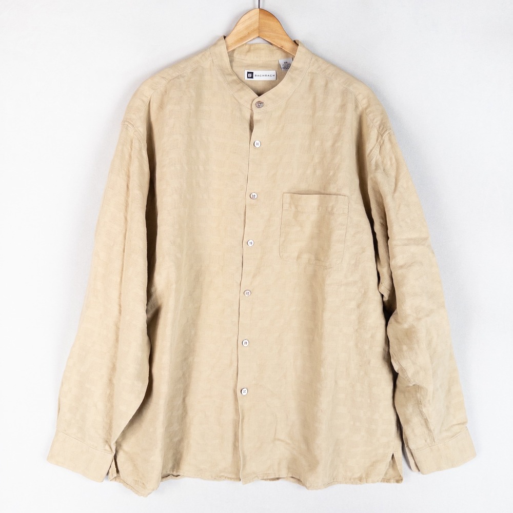 Bachrach Mens Shirt XXL Tan Linen Cotton Woven Grid Pattern Casual Long Sleeve